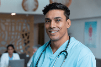 Male nurse in scrubs representing training for technicians and nurses