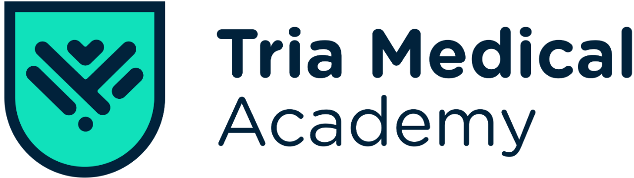 Tria Medical Academy logo featuring a shield design with a heart-inspired graphic, symbolizing dedication to cardiovascular education